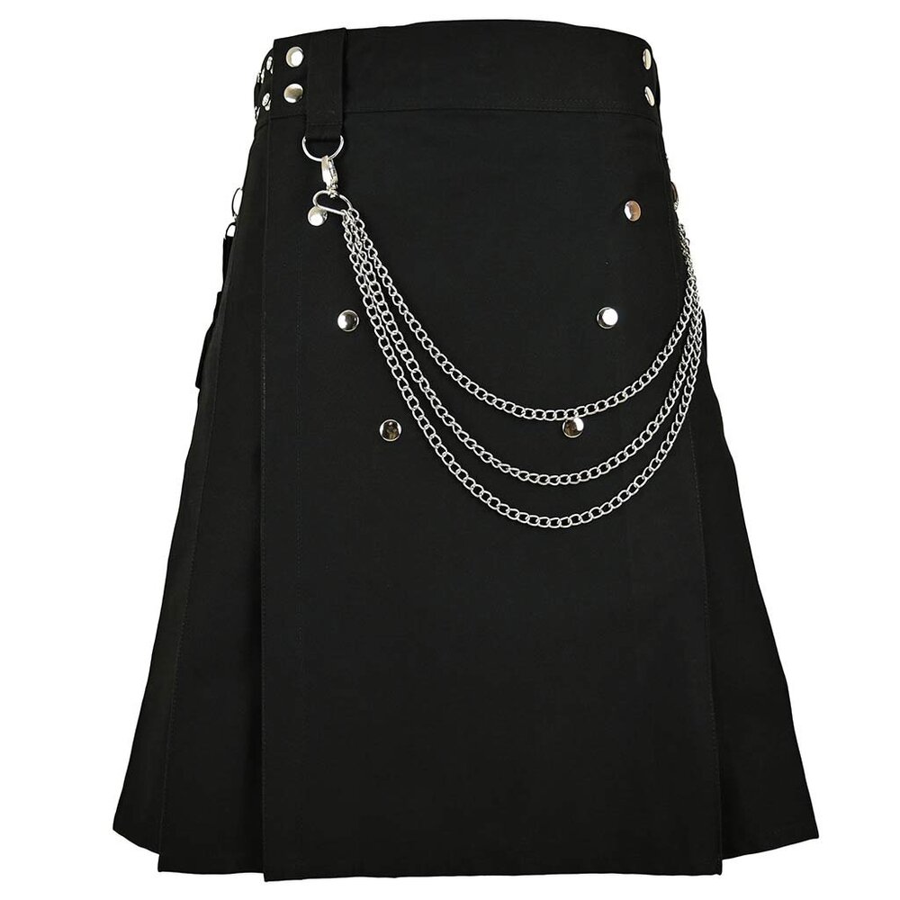 Cargo Utilty Kilt Black with Silver Chains Traditional Scottish Highlander Kilt